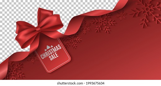 Red bow and ribbon with tag for Christmas sale. Vector template to advertise your business promotions. Commercial discount event. Paper snowflakes. EPS 10.