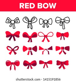 Red Bow And Ribbon Vector Color Icons Set. Decorative Bow, Female Hair and Clothes Accessories Linear Symbols Pack. Presents And Festive Gifts Packaging Decor Isolated Flat Illustrations