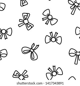 Red Bow And Ribbon Vector Color Icons Seamless Pattern. Decorative Bow, Female Hair and Clothes Accessories Linear Symbols Pack. Presents And Festive Gifts Packaging Decor Illustrations