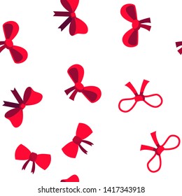 Red Bow And Ribbon Vector Color Icons Seamless Pattern. Decorative Bow, Female Hair and Clothes Accessories Linear Symbols Pack. Presents And Festive Gifts Packaging Decor Illustrations