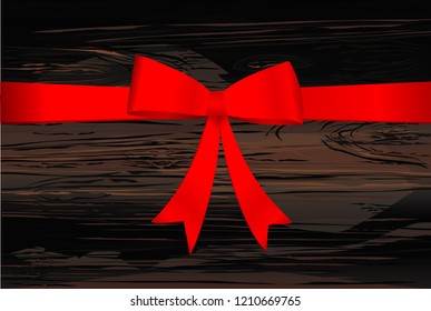 Red bow with ribbon . Vector on wooden background. For a holiday or a party.