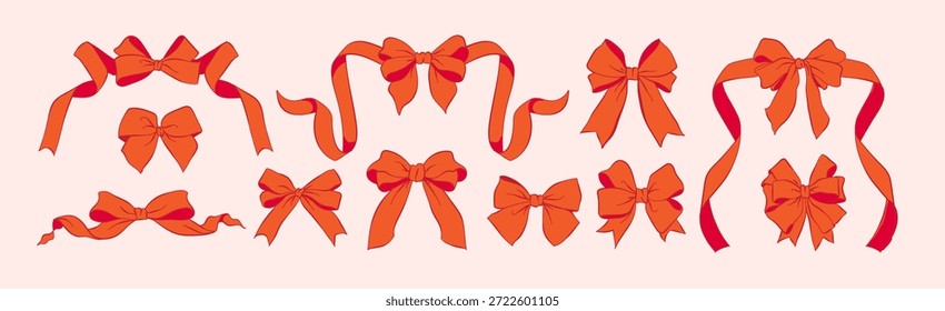 Red Bow and ribbon vector set. Hand drawn bow and ribbon decoration illustration. greeting, wedding, birthday party, gift, valentines day, element card design