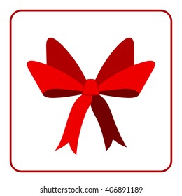 Red bow with ribbons icon. Flat design sign, isolated on white background. Decoration art object for christmas, present, holiday. Design element. Symbol of celebration, surprise. Vector illustration.