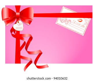 Red bow with ribbons on a pink background and a greeting card with hand-drawn love message and lip print. Vector illustration.