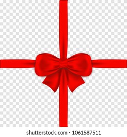 Red bow with ribbons on transparent background. Realistic satin gift bow with knot. Vector