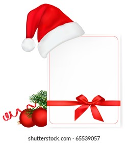 Red bow with ribbons and Santa hat. Vector.