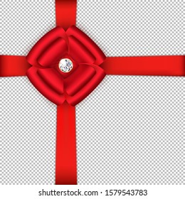 Red bow and satin ribbon with brilliant decorative stone. Realistic image on a transparent background. Mockup for the design of postcards, brochures and posters. Vector illustration.