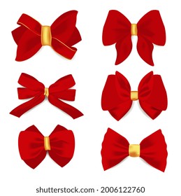 Red Bow Set. Beautiful decorations for gifts and soft toys. A stylish accessory. Elements for printing, banners and posters. Realistic gradient vector illustrations isolated on a white background