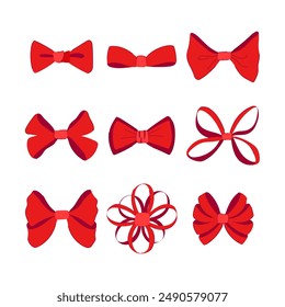 red bow set cartoon. card holiday, wrap satin, package silk red bow sign. isolated symbol vector illustration