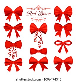 Red bow set. Cartoon vector red ribbons satin bows for xmas gifts, present cards and luxury wrap pack isolated on white background, vector illustration