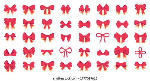 Red bow set. Cartoon vector red bows with yellow line ribbons satin bows for xmas gifts, present cards, kurban bayram or Eid Al Adha and luxury wrap pack isolated on white backgrounds