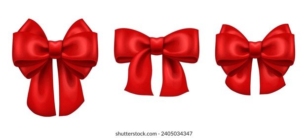 Red bow set on a white background. Vector realistic 3D illustration.