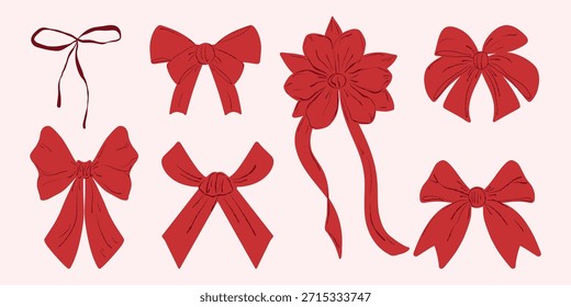 Red bow set, ribbon collection. Red ribbon pack, decorative bows. Gift bow set, red ribbon icons