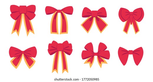 Red bow set with yellow or gold stroke. Cartoon vector red ribbons satin bows for xmas gifts, present cards and luxury wrap pack isolated on white background