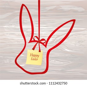 Red bow in the shape of the Easter Bunny. Greeting card or invitation for a holiday.  Yellow sheet of paper for notes. Sticker.  Empty place for text or advertising. Vector on wooden background.