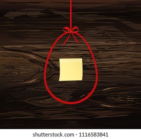 Red bow in the shape of the Easter egg. Greeting card or invitation for a holiday.  Yellow sheet of paper for notes. Sticker.  Empty place for text or advertising. Vector on wooden background.