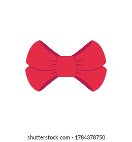 Red bow shiny satin and ribbon with shadow place on corner of paper for decorate your greeting card,vector isolated on white background.