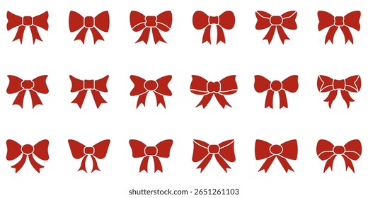 Conjunto De Ícones De Silhueta De Arco Vermelho. Arcos De Fita Decorativos Para Envolvimento De Presentes, Moda E Coleção De Símbolos De Ocasiões Festivas. Elementos De Design Elegantes E Elegantes. Ilustração de vetor isolada.