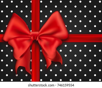Red bow silk ribbons, realistic vector illustration. Elegant satin bow on turquoise blue background, polka dot pattern, gift wrapping concept template.
