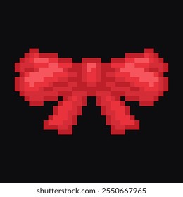 Red bow tie in pixel art style. Vector illustration isolated on black background.