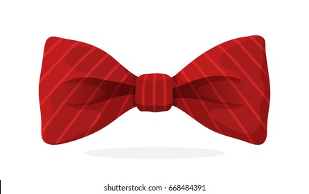 Red Bow Tie With Print In Diagonal Stripes. Vector Illustration In Cartoon Style. Vintage Elegant Bowtie. Men's Clothing Accessories.
