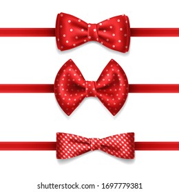 Red bow tie with white dots - vector set isolated on white background. Realistic illustration. Knot silk bow. Bowtie for an elegant evening suit, tuxedo. Classic satin butterfly, fashion cloth.