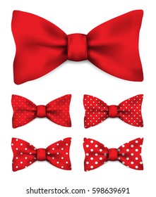 Red bow tie with white dots realistic vector illustration set isolated on white background