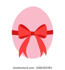 A red bow is tied around a pink object. The bow is tied in a way that it looks like it is being tied around a present