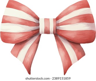 Red bow with white strips, watercolor vector illustration, christmas element. Template for gift decoration, greeting cards, invitation, wedding card, save the date, celebration, anniversary, birthday.