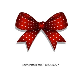 Red bow with white tiny polka dots on a white background. Vector illustration.