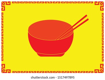 
Red bowl, red chopsticks against the yellow background