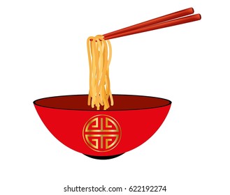 Red bowl of egg noodles with chopsticks