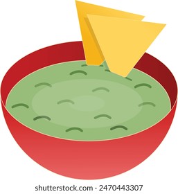  a red bowl filled with a green substance, likely guacamole or a similar dip. Two yellow triangular tortilla chips are inserted into the dip