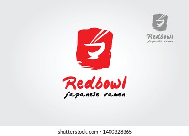 Red bowl Japanese Ramen Vector Logo Template. Suitable for any business related to ramen, noodles, fast food restaurants, Korean food, Japanese food or any other business on a red background.