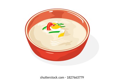 Red bowl of Kongguksu. Seasonal Korean noodle dish served in cold soy milk broth. Refreshing korean soup with egg, greenery and tomato, cucumber strips for hot summer days. Vector isolated on white.