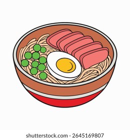 Red Bowl of Noodles with Meat Slices Egg and Peas vector