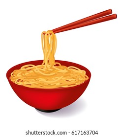 Red bowl of noodles soup with red chopstick