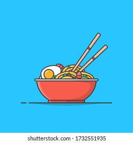 Red Bowl Of Ramen Noodles With Boiled Eggs, Shrimp, And Chopsticks Vector Icon Illustration. Oriental Noodle Food. Asian Noodles Icon