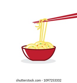 Red Bowl with ramen noodles. Chopsticks holding noodle. Korean, 