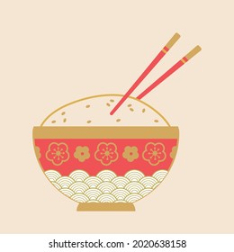 Red bowl with rice and chopsticks, decor in Asian style flowers. Vector flat illustration of food. Traditional chinese food symbol or logo.
