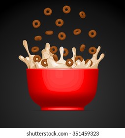 Red bowl with splashing milk and flying Cocoa Rings