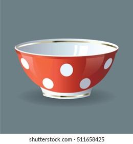 Red bowl with white dots. Cookware vector illustrator. 3D plate