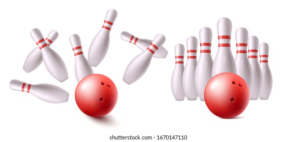 Baloncesto rojo antes y después de golpear con pines blancos realistas - equipo deportivo objetivo aislado en fondo blanco. Ilustración vectorial.