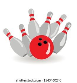 Red bowling ball breaks six skittles. Color vector image on a white background.