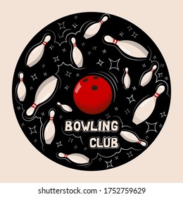 Red bowling ball breaks white skittles on a dark background. Bowling club poster design.