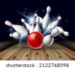 Red Bowling Ball crashing into the pins on bowling alley line. Illustration of bowling strike. Vector Template for poster of Sport competition or Tournament.