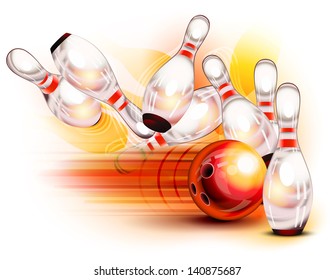 A red bowling ball crashing into the pins