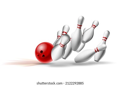 Red Bowling Ball crashing into the pins. Illustration of bowling strike isolated on white background. Vector Template for poster of Sport competition or Tournament.