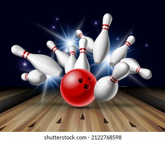 Red Bowling Ball crashing into the pins on bowling alley line. Illustration of bowling strike. Vector Template for poster of Sport competition or Tournament.
