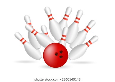 Red Bowling Ball crashing into the pins. Illustration of bowling strike isolated on white background. Vector Template for poster of Sport competition or Tournament. Vector illustration